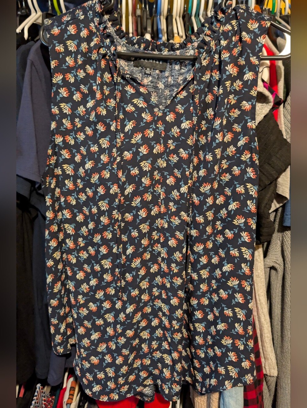 Sleeveless Navy Floral Tie-Neck Top